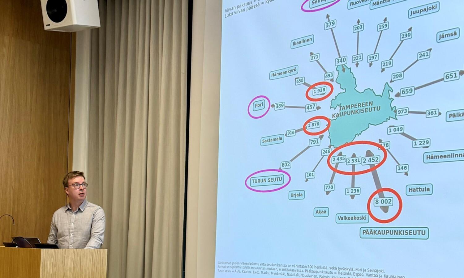 Seututietopäällikkö Jussi Välimäki esittelemässä pendelöintikatsausta