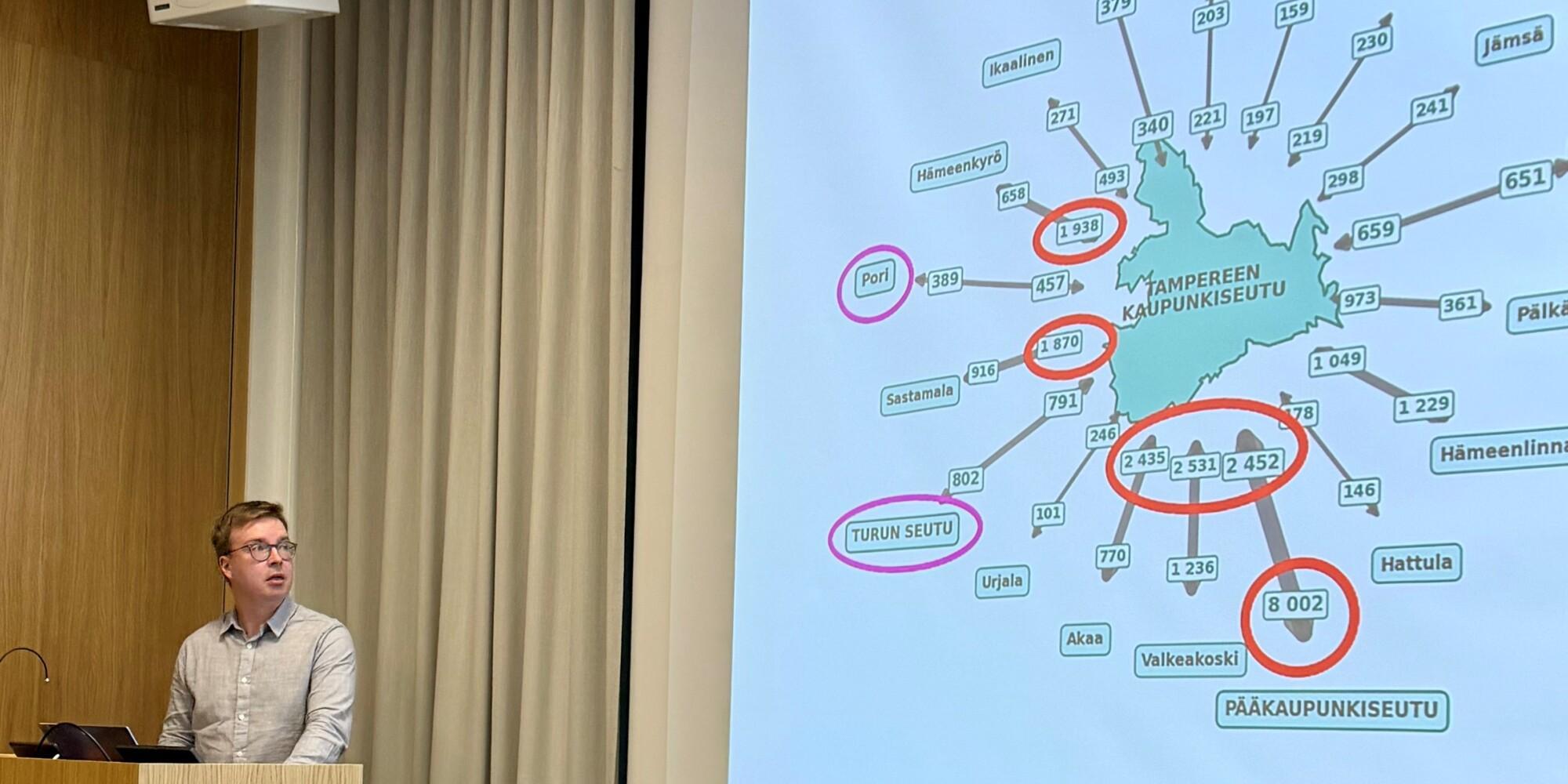 Seututietopäällikkö Jussi Välimäki esittelemässä pendelöintikatsausta